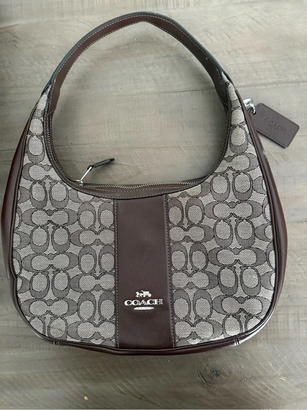 Coach Signature Jacquard Brown Leather Hobo Shoulder Bag Y2K
